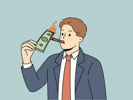 rico homem de negocios fumar charuto queimando dólar nota de banco. masculino milionário dentro terno iluminação dinheiro conta com cigarro fogo. bem estar e riqueza. vetor ilustração.