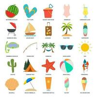 verão ícone definir, viagem símbolos coleção, logotipo ilustrações, de praia ícones, turismo sinais linear pictogramas pacote isolado vetor ilustração