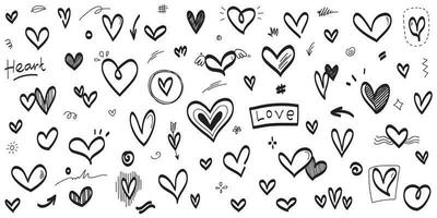 corações de doodle, uma coleção de corações de amor coloridos e desenhados à mão. ilustração vetorial. vetor