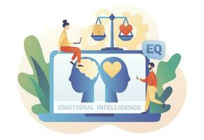 emocional inteligência. conectados eq teste. coração e cérebro em equilibrado escala símbolo. minúsculo pessoas explorando interior personalidade. amor, mente, lógico. moderno plano desenho animado estilo. vetor ilustração