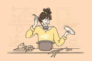 cozinhando saudável Comida conceito. jovem positivo caucasiano mulher segurando cozinhando concha colher cozinhando sopa com legumes dentro cozinha vetor ilustração
