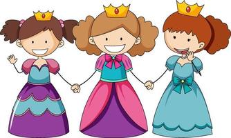 personagem de desenho animado simples de três princesinhas vetor