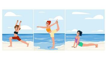 mar mulher ioga de praia vetor