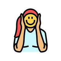 mulher segurando emoticon sorridente cor ícone vetor ilustração