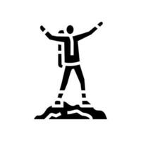 alpinista em a topo aventura glifo ícone vetor ilustração