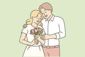 amoroso homem abraçando mulher dando ramalhete flores dentro honra do aniversário relação ou namorados dia. amoroso noiva e noivo com Casamento flores dentro mãos durante festivo cerimônia ou aniversário festa vetor