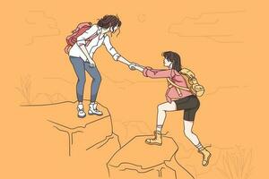 caminhada em natureza e assistência conceito. jovem mulher caminhante desenho animado personagem dando ajudando mão para amigo menina ajudando para escalar em Colina durante viagem período de férias caminhada vetor ilustração