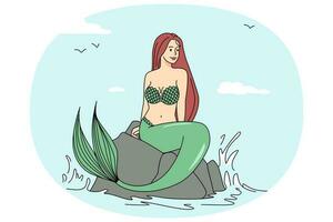 lindo ruiva sereia sentado em pedra dentro mar. bonita mulher vivo dentro oceano relaxar em Rocha em de praia. vetor ilustração.