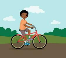 feliz pequeno africano Garoto equitação uma bicicleta tendo Diversão dentro a parque em ensolarado dia vetor