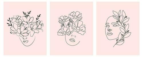 conjunto de cartazes para o dia internacional da mulher, retratos de mulheres com flores. arte de linha, contorno preto com cores pastel. arte da parede, cartões postais vetor