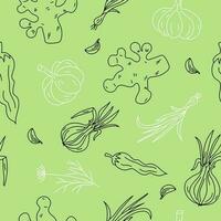 legumes padronizar é desatado. abstrato padrões do uma conjunto do legumes. cebola, ruivo, alho, Pimenta e aneto. vetor gráfico.