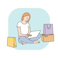 uma mulher está olhando seus recibos de compras, com sacolas e caixas de compras ao lado dela. mão desenhada estilo ilustrações vetoriais. vetor