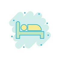 ícone de cama em estilo cômico. pictograma de ilustração vetorial dos desenhos animados do quarto do sono. relaxe o efeito de respingo do conceito de negócios do sofá. vetor