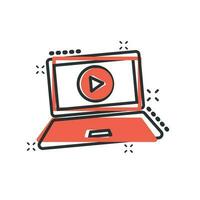 ícone do processo de treinamento on-line em estilo cômico. webinar seminário pictograma de ilustração vetorial dos desenhos animados. efeito de respingo de conceito de negócio de e-learning. vetor