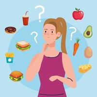 mulher escolhendo entre comida saudável e não saudável, fast food vs menu balanceado vetor