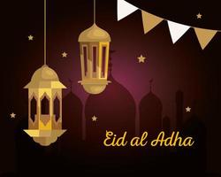 eid al adha mubarak, festa de sacrifício feliz, com lanternas douradas e guirlandas penduradas na decoração vetor