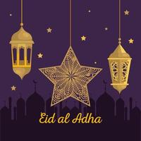 eid al adha mubarak, festa de sacrifício feliz, com lanternas douradas e decoração com estrelas penduradas vetor