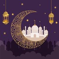 eid al adha mubarak, festa de sacrifício feliz, com lanternas douradas penduradas decoração, lua e monumentos tradicionais vetor