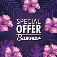 oferta especial de verão, banner com flores e fundo de folhas tropicais, banner floral exótico vetor