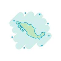 ícone do mapa do México dos desenhos animados vetoriais em estilo cômico. pictograma de ilustração de sinal do México. conceito de efeito de respingo de negócios de mapa de cartografia. vetor