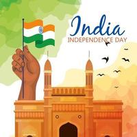 famoso monumento da Índia em segundo plano para o feliz dia da independência, com a mão e a bandeira da Índia vetor