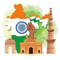 monumentos famosos da Índia em segundo plano para o feliz dia da independência, com mapa da Índia e ícones de tradições vetor