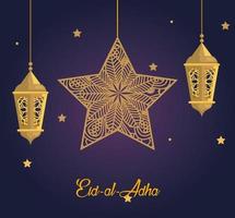eid al adha mubarak, festa de sacrifício feliz, com lanternas douradas e decoração com estrelas penduradas vetor