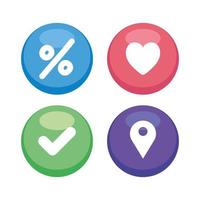 conjunto de ícones de alfinetes de círculo, porcentagem, coração, verificar e marcar localização vetor
