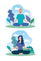 casal meditando na natureza e nas folhas, conceito de ioga, meditação, relaxamento, estilo de vida saudável vetor