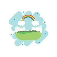 arco-íris colorido dos desenhos animados com ícone de nuvens em estilo cômico. pictograma de ilustração do tempo. conceito de negócio de respingo de sinal de arco-íris. vetor