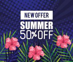 nova oferta verão 50% de desconto, banner com flores e folhas tropicais, banner com flores exóticas vetor