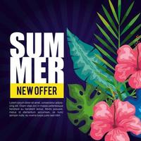 nova oferta de verão, banner com flores e folhas tropicais, banner floral exótico vetor