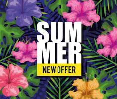 nova oferta de verão, banner com flores e fundo de folhas tropicais, banner floral exótico vetor