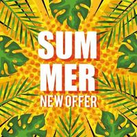 nova oferta de verão, banner com fundo de folhas tropicais, banner floral exótico vetor