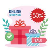 compras online, marketing digital de conceito, caixas de presente com 50% de desconto vetor