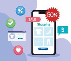 compras online no site ou mobile, marketing de conceito e marketing digital no smartphone, descontos e promoção vetor