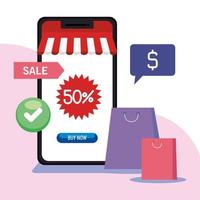 compras online no site ou mobile, marketing de conceito e marketing digital no smartphone, descontos e promoção vetor