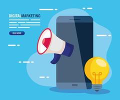 marketing digital online para negócios e marketing de mídia social, smartphone com megafone e lâmpada vetor