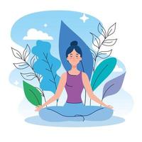 mulher meditando na natureza e nas folhas, conceito de ioga, meditação, relaxamento, estilo de vida saudável vetor