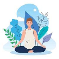 homem meditando na natureza e nas folhas, conceito de ioga, meditação, relaxamento, estilo de vida saudável vetor