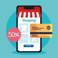 compras online no site ou mobile, marketing de conceito e marketing digital em smartphone com desconto e cartão de crédito vetor