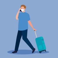 homem turista usando máscara médica com bagagem, viagem durante o coronavírus, prevenção covid 19 vetor