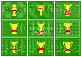 conjunto do nove futebol Campos com diferente dourado copo em diferente verde Relva enfeites. futebol campo para jogando. vetor ilustração