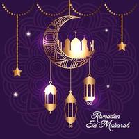 pôster ramadan kareem com lua e lanternas penduradas vetor