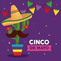 pôster cinco de mayo com cactos e ícones tradicionais vetor