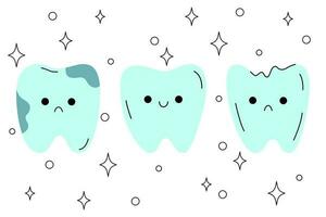 fofa pequeno dentes personagens. usar para crianças médico Centro, dentista, poster, cartão. sorridente e triste mascote para oral higiene, dental tratamento. adorável crianças ilustração dentro kawaii estilo. vetor