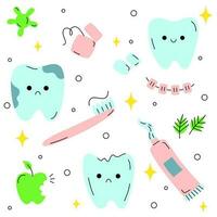 fofa rabisco conjunto dentes e escova de dente, pasta de dentes, dental fio dental. dentes personagens com diferente emoções. sorridente e triste mascote para oral higiene, dental tratamento. vetor