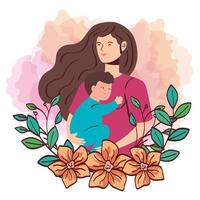 mulher grávida carregando um menino com decoração de flores vetor