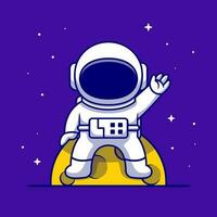 fofa astronauta sentado em lua e acenando mão desenho animado vetor ícone ilustração. Ciência tecnologia ícone conceito isolado Prêmio vetor. plano desenho animado estilo