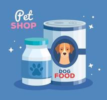 pet shop com lata de comida para cachorro e garrafa de plástico vetor